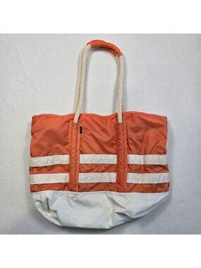 LL Bean Vintage 90s Boat Tote Bag Orange & White Striped Nylon Rope Handles